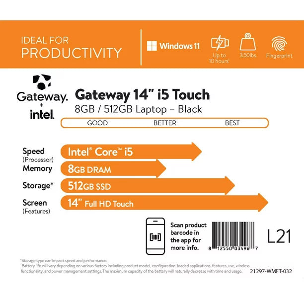 Gateway 14.1" Ultra Slim Notebook, FHD Touchscreen, Intel Core i5-1235U, 8GB RAM, 512GB SSD, Fingerprint Scanner, Tuned by THX Audio, 2MP Camera, HDMI, Windows 11, Black