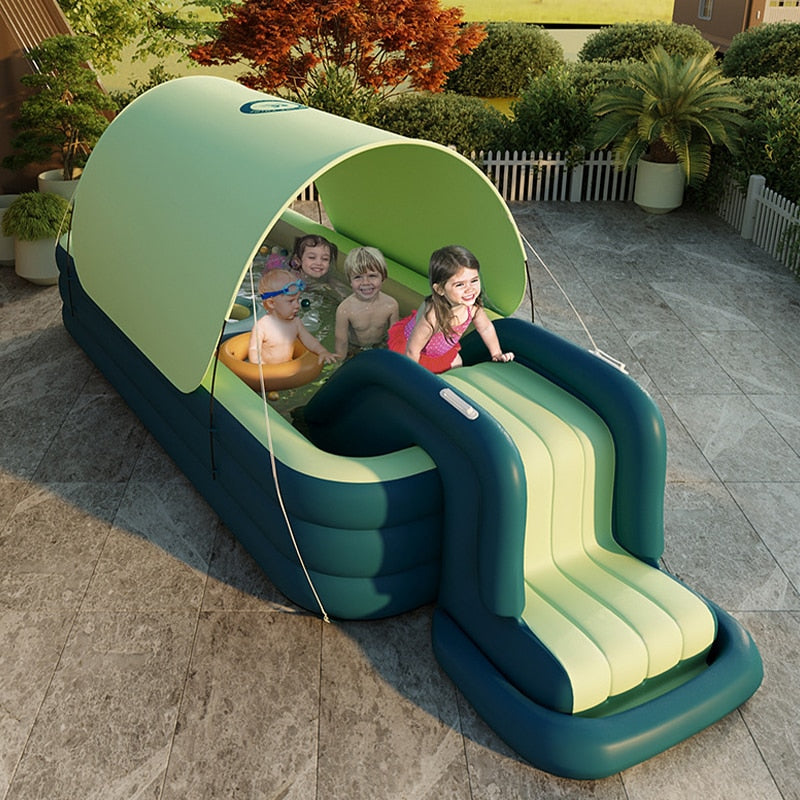 PVC Inflatable Swimming Pool Wireless Safe Automatic Air Inflation Pools with Slide and Sunshade for Outdoor 2-6 Person Pools